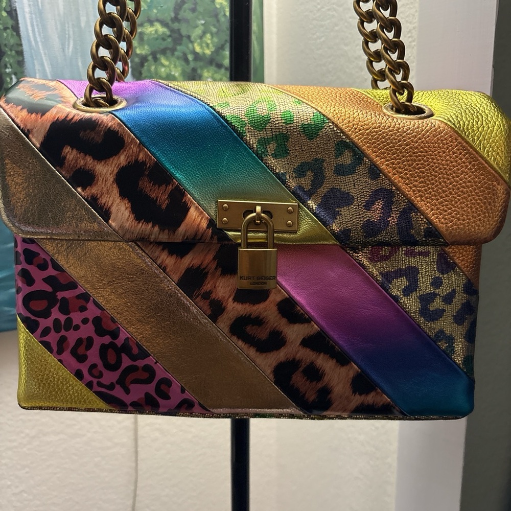 Kurt Geiger Multicolor Leopard Patchwork Shoulder Bag with Gold Chain